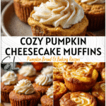 Golden Pumpkin Cheesecake Muffins topped with swirls of creamy filling on a rustic fall table
